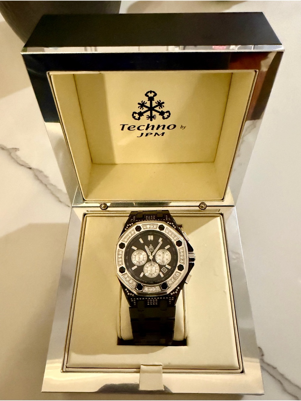 Men’s Black and Silver Techno JPM 2.5ct Genuine Diamond Bezel Watch